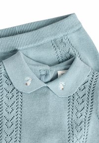 Pull en tricot bleu clair avec un col festonné, ornée d'un motif en dentelle et de deux lapins brodés sur le col.