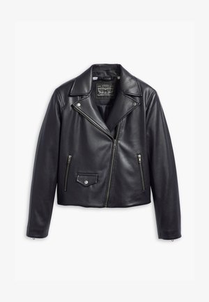 Fekete bőr motoros dzseki, kihúzott gallérral, aszimmetrikus elülső cipzárral, oldalsó zsebekkel, és patentos részlettel a mellzsebén.