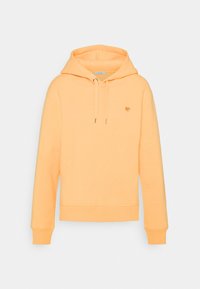 Vaaleanoranssi huppari, jossa on naru- ja ribbireunat hihoissa sekä helmassa. Rintakehällä on pieni sydänlogo. Pehmeä, teksturoitu puuvillamateriaali.