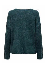 Dunkelblauer Pullover mit lässiger Passform, weitem Ausschnitt und gerippten Bündchen. Der Stoff hat ein weiches, texturiertes Aussehen.