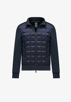 Giacca da uomo blu navy con pannello anteriore trapuntato, zip integrale e maniche lunghe lisce, progettata per una vestibilità media-grande.