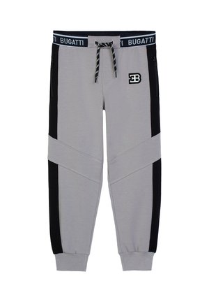 Pantaloni da jogging grigio e nero con vita elastica, coulisse, tasche laterali con cerniera e marchio "Bugatti" in vita e logo sulla coscia.