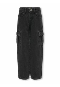 Black denim cargo pants with a relaxed fit, featuring two side pockets, a button closure, and straight leg design. Textured fabric.
