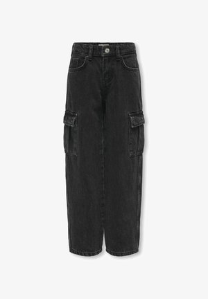 Pantalones cargo de denim negros con un corte relajado, que cuentan con dos bolsillos laterales, cierre de botón y diseño de pierna recta. Tejido texturizado.