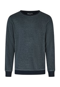 Pull en jersey à manches longues pour homme, couleur bleu foncé, avec un fin motif de rayures horizontales et des poignets et un ourlet unis de couleur sombre.