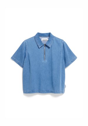 Light blue short-sleeve denim shirt with a pointed collar and a half zipper. Features clean lines and a relaxed fit.