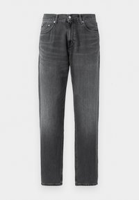 Graue Denim-Jeans mit geradem Schnitt, zwei Fronttaschen und einer Gesäßtasche. Mit Knopf- und Reißverschluss.