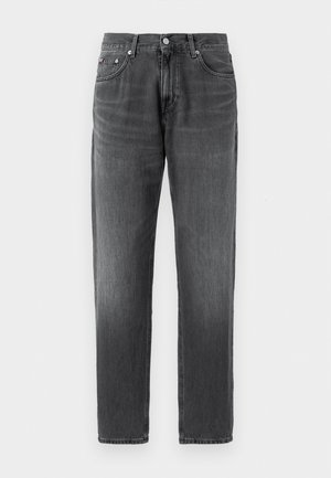 Graue Denim-Jeans mit geradem Schnitt, zwei Fronttaschen und einer Gesäßtasche. Mit Knopf- und Reißverschluss.