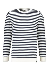 Pull rayé avec des lignes horizontales bleu marine et blanches, col rond, manches longues, poignets et ourlet côtelés dans une texture tricotée.