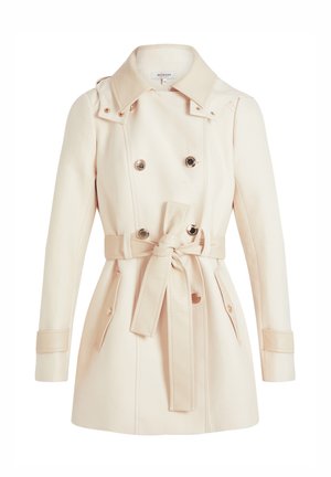 Beige double-breasted trench coat with a belted waist, featuring a large collar, snap buttons, and side pockets. Smooth fabric with a slight sheen.
