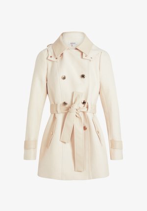 Beige double-breasted trench coat with a belted waist, featuring a large collar, snap buttons, and side pockets. Smooth fabric with a slight sheen.