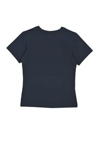 Granatowa koszulka z krótkim rękawem z okrągłym dekoltem. Wykonana z gładkiego materiału, bez wzorów i zdobień.
