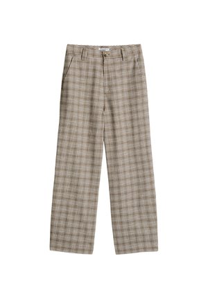 Brown plaid trousers with a relaxed fit, featuring a button closure, belt loops, and two side pockets. Made from a soft, textured fabric.