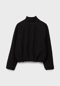 Sort, cropped sweater med høj krave, raglanærmer og rynket kant, lavet af et blødt, glat stof. Ingen synlige mønstre eller hardware.