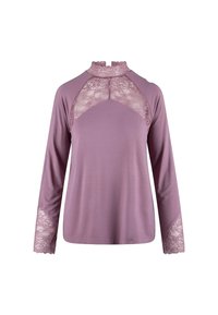Haut à manches longues en mauve clair, avec une empiècement en dentelle et des accents en dentelle aux manches avec un bord festonné et un col haut.