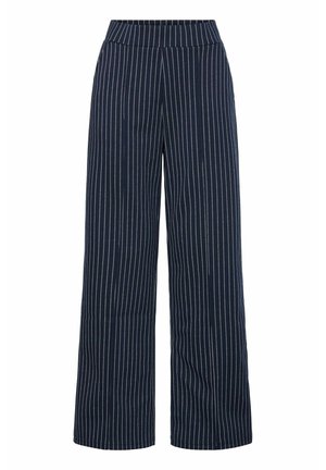Navy striped wide-leg trousers with a smooth texture and an elastic waistband. Stripes in a contrasting lighter color add detail.