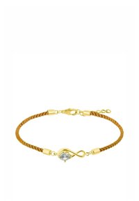 Pulsera con cierre de oro y cordón trenzado marrón, que presenta un símbolo de infinito en oro y una única gema redonda clara en el centro.