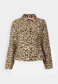 Denim jakna s leopardjim vzorcem, dolgimi rokavi, dvema žepoma na prsih in srebrnimi pritiskači. Ima rob z valovitim robom.