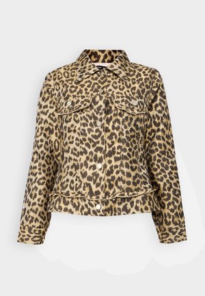 Leopardi mustriga teksajakk, millel on pikad varrukad, kaks rinna taskut ja hõbedased nupud. Omab lisaks volangiga ääret.