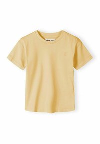 T-shirt à manches courtes, jaune clair pour enfants, avec col rond et petit logo brodé sur le côté gauche de la poitrine.