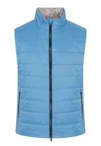 Gilet sans manches bleu clair avec un col montant, design matelassé, fermeture éclair avant et deux poches latérales. Tissu lisse avec un léger éclat.