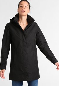 Black waterproof jacket with a hood, full front zipper, long sleeves, side pockets, and adjustable cuffs. Smooth texture and simple design.