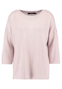 Helles rosa, locker sitzender Pullover mit Dreiviertelärmeln und rundem Ausschnitt, aus weichem Rippenstoff.