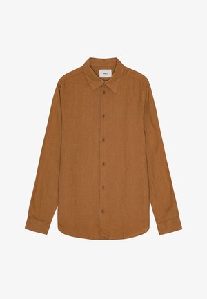 Braunes Langarmhemd aus strukturiertem Stoff. Verfügt über einen spitzen Kragen und Frontknöpfe. Glatte Oberfläche mit geradem Saum.