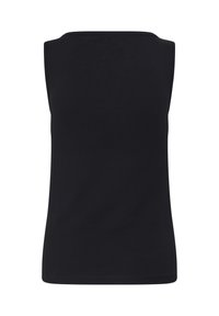 Ujjatlan fekete felső egyenes nyakkivágással és testhez simuló szabással, hátulnézetben, fehér háttér előtt.