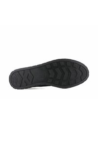 Sole di scarpa in gomma nera con modelli testurizzati a zigzag e circolari, con profilo piatto e leggero bordo per una migliore trazione.