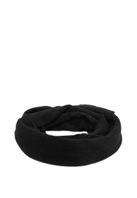 Czarny, okrągły szalik wykonany z miękkiego, strukturalnego materiału. Posiada prosty, jednolity design bez widocznych elementów metalowych czy akcentów.