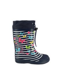 Botas de lluvia de caucho azul marino con rayas blancas, con diseños coloridos de mariposas y corazones. Incluye cierre con presilla y suela texturizada.