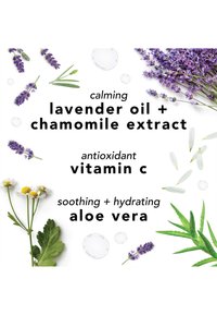 Lavendel, kamille, aloe vera-planter og kronblader omgir teksten som fremhever beroligende lavendelolje, antioksidant vitamin C og beroligende aloe vera-fordeler.