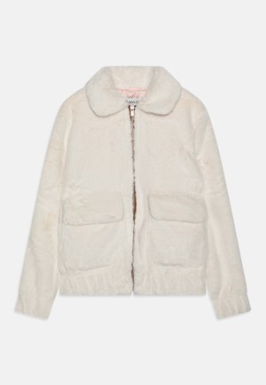 Biela umelá kožušinová bunda so zipsom, okrúhlym golierom, dvoma prednými vreckami a elastickým lemom. Mäkka textúra a ľahký dizajn.