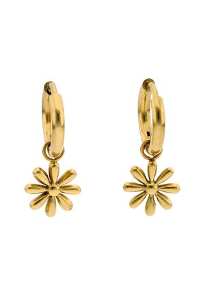 Złote kolczyki koła z zawieszkami w kształcie małych stokrotek, z ośmioma zaokrąglonymi płatkami na każdym kwiatku.