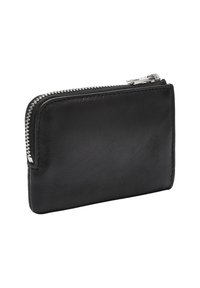 Czarny skórzany portfel o teksturowanym wykończeniu, prostokątnym kształcie i srebrnych akcentach. Posiada zamek błyskawiczny wzdłuż jednej krawędzi dla bezpiecznego dostępu.