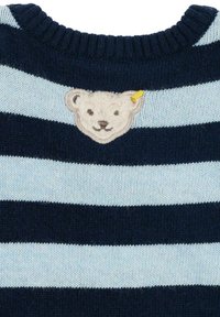 Gebreid sweatshirt met marineblauwe en lichtblauwe strepen. Heeft een geprofileerde berengezichtpatch op de borst en een ribbelige ronde halslijn.