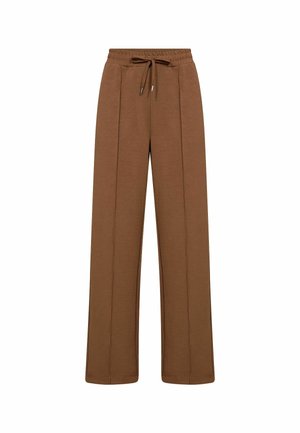 Brune vidde bukser i blødt stof med elastisk taljebånd og snøre samt detaljer med pressekant foran.