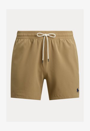 Chaki smėlio spalvos plaukimo šortai su elastine juosmenine dalimi ir baltu raišteliu, apatiniame dešiniajame šone yra mažas tamsiai mėlynas Polo logotipas.
