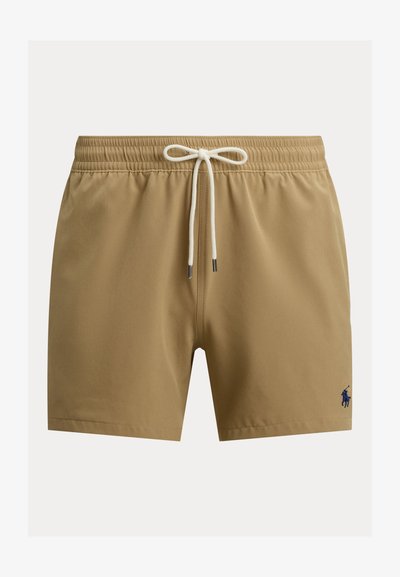 Μπεζ χακί μαγιό σορτς με ελαστική μέση και λευκό κορδόνι, με μικρό ναυτικό μπλε λογότυπο Polo στο κάτω δεξί πόδι.