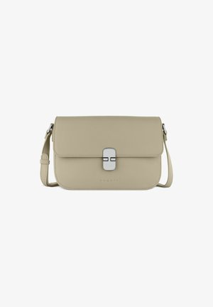 Borsa a tracolla in pelle beige con chiusura a pattina magnetica, hardware color argento e tracolla regolabile. Design minimalista con branding sottile.
