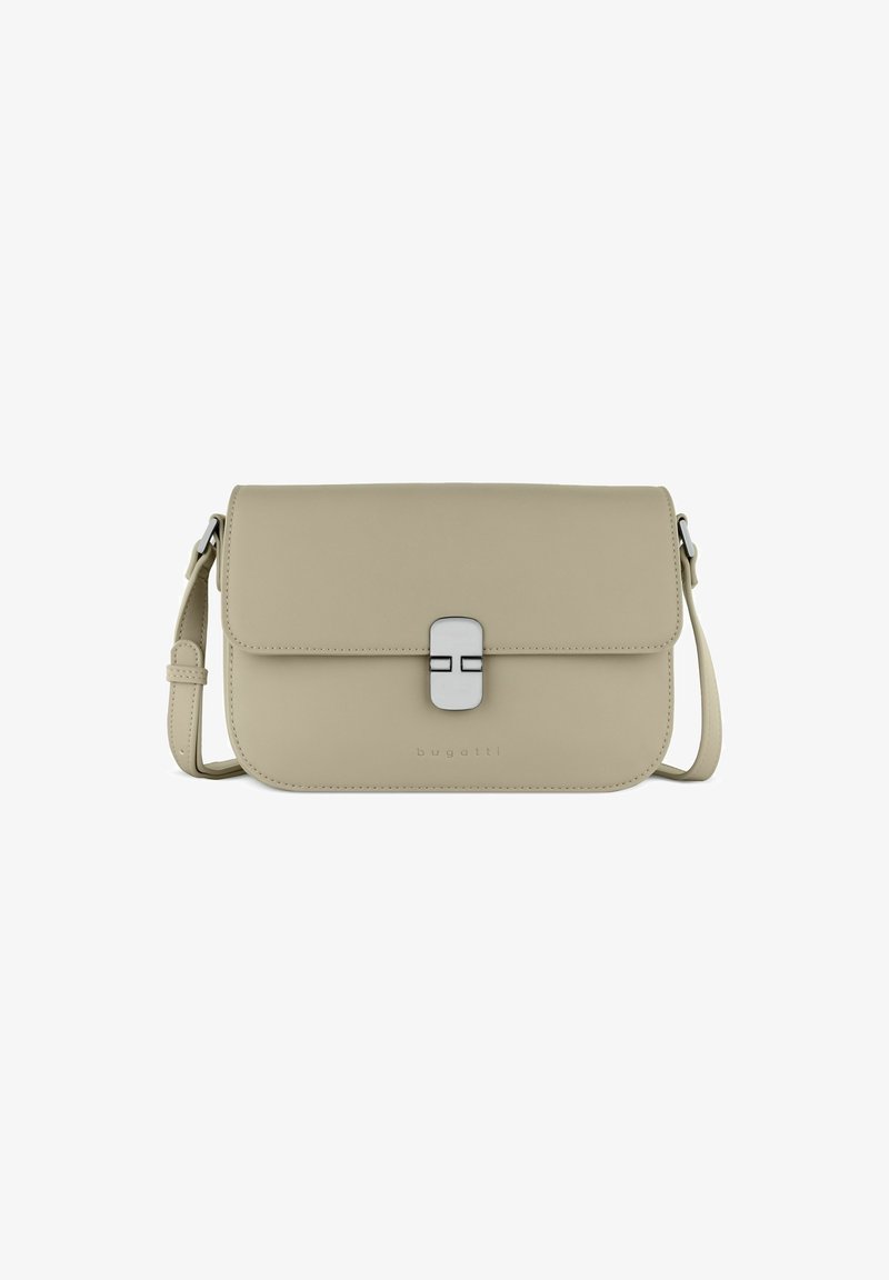 Borsa a tracolla in pelle beige con chiusura a pattina magnetica, hardware color argento e tracolla regolabile. Design minimalista con branding sottile.