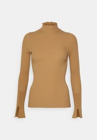 Ribbed turtleneck-neule camel-värissä, tiukka muotoilu, jossa on halkiot rannetta kohden, pehmeä tekstuuri ja frilliposkireuna.