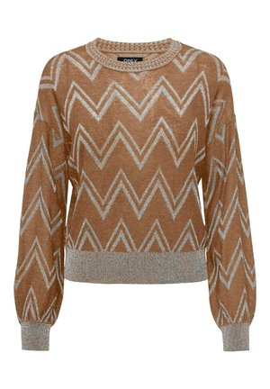 Pull en tricot marron avec motif en zigzag argenté, encolure ronde et bord-côtes au niveau des poignets et de l'ourlet. Texture douce et coupe décontractée.