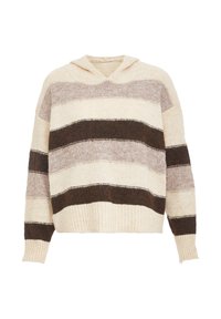 Maglione a collo cappuccio lavorato a maglia con ampie righe orizzontali nei toni del beige, marrone e taupe, con polsini e orlo a coste.