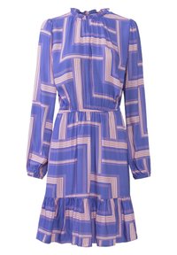Fialové šaty s dlouhými rukávy a růžovými geometrickými čtvercovými vzory, elastický pas, volánkový výstřih a volánkový lem.