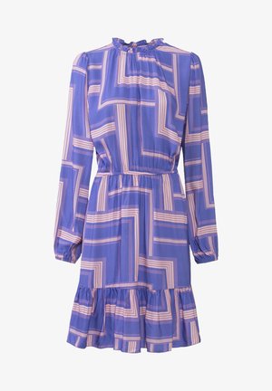 Fioletowa sukienka z długim rękawem z różowymi geometrycznymi wzorami w kwadraty, elastyczny pas, falbaniasty dekolt i falbaniasty dół.