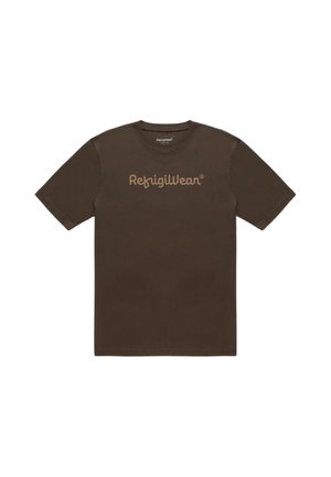 T-shirt marrone a maniche corte con collo rotondo e logo "RefrigiWear" stampato in marrone chiaro sul petto.