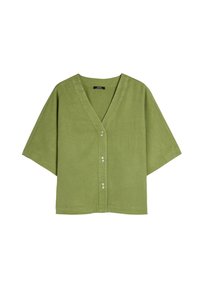 Zielona bluzka z krótkim rękawem, wykonana z miękkiego materiału, z dekoltem w kształcie litery V, z przodem zapinanym na guziki oraz luźnym, swobodnym krojem. Gładka faktura bez wzorów.