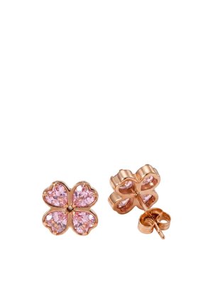Roségoldene Ohrstecker in Form von vierblättrigen Kleeblättern mit rosa herzförmigen Edelsteinen auf jedem Blatt, aus Vorder- und Rückansicht dargestellt.